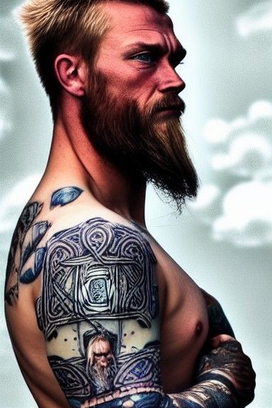 Rugged Viking Portrait with Blue Eyes and Tattoos