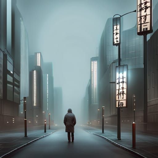 Foggy Tokyo Street Scene in Retrowave Style