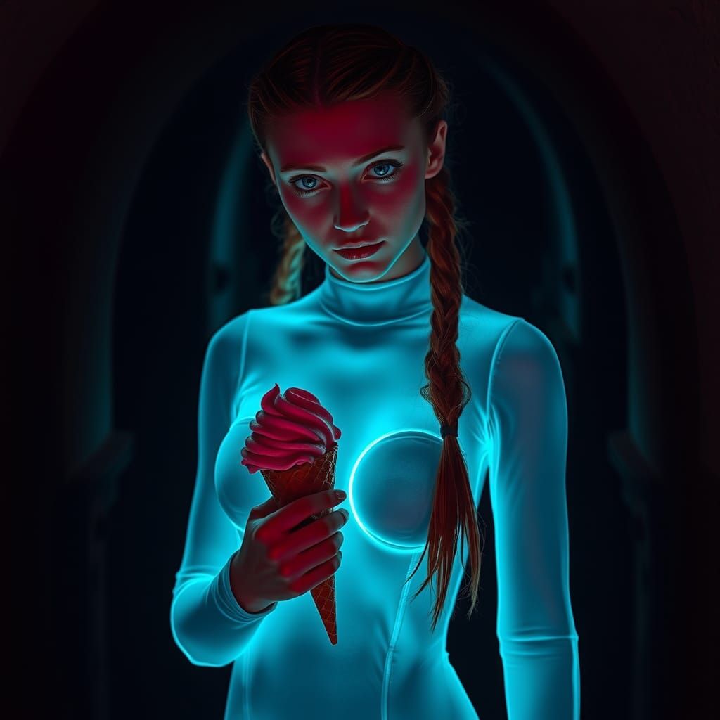 Ethereal Woman in Cellar with Ice Cream