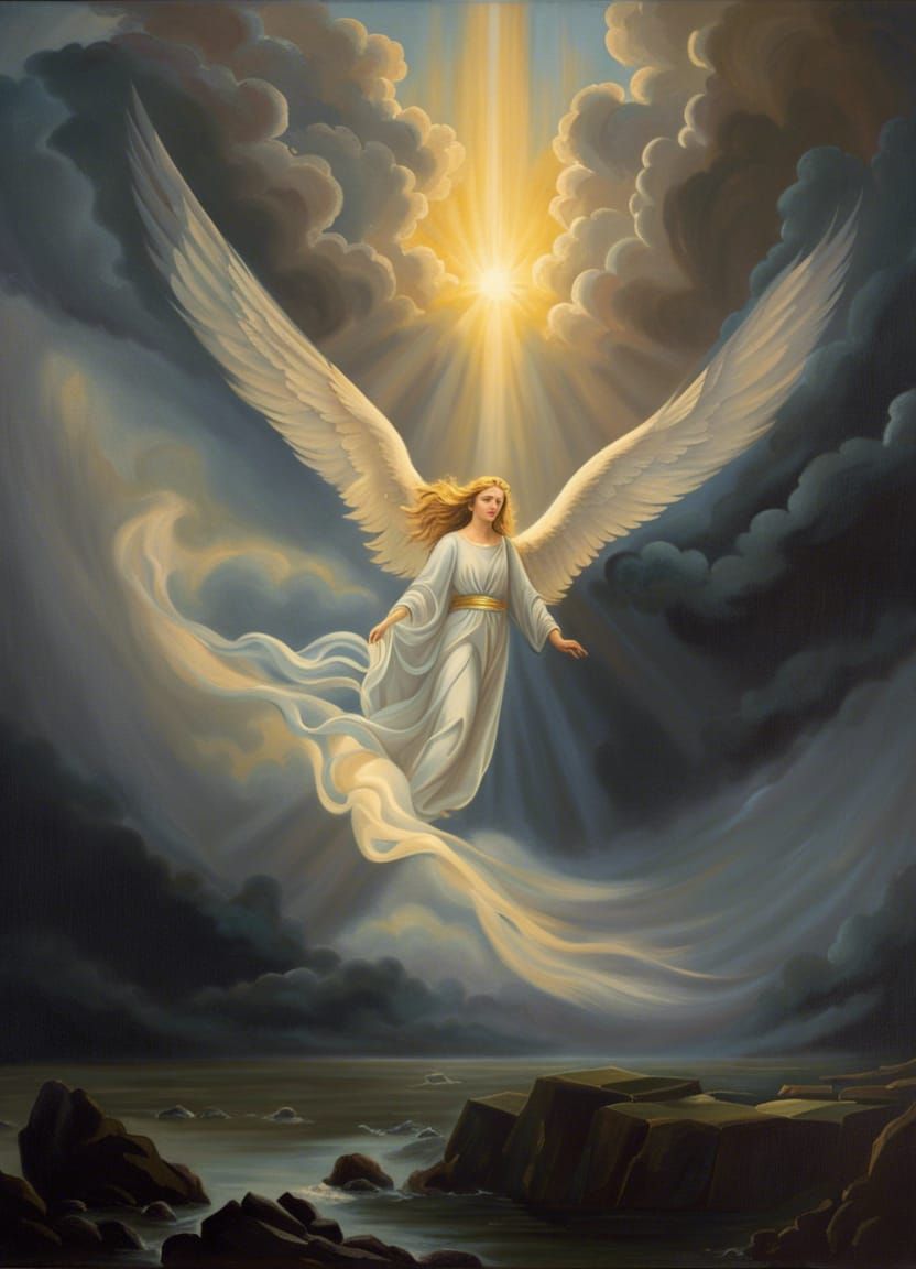 Radiant Angel in Stormy Sky: Guiding Light