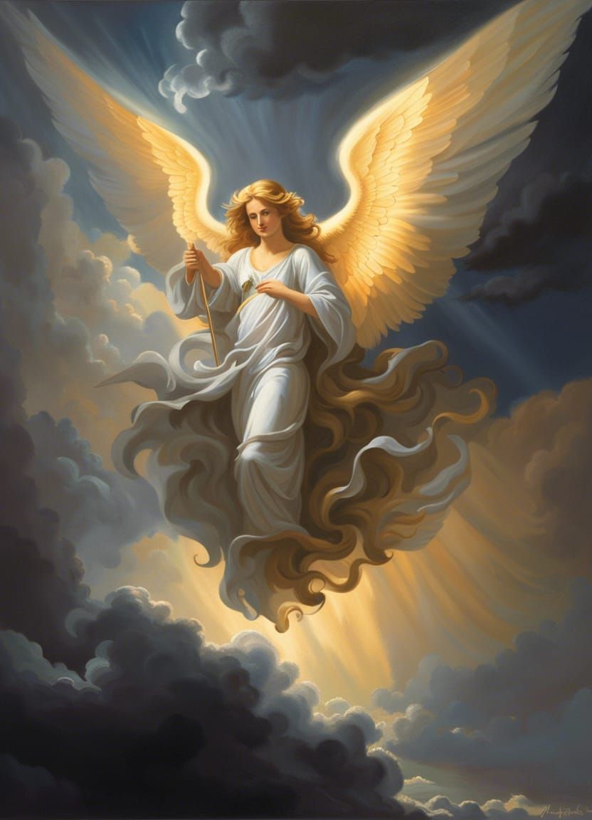 Radiant Angel in Stormy Sky: Guiding Light