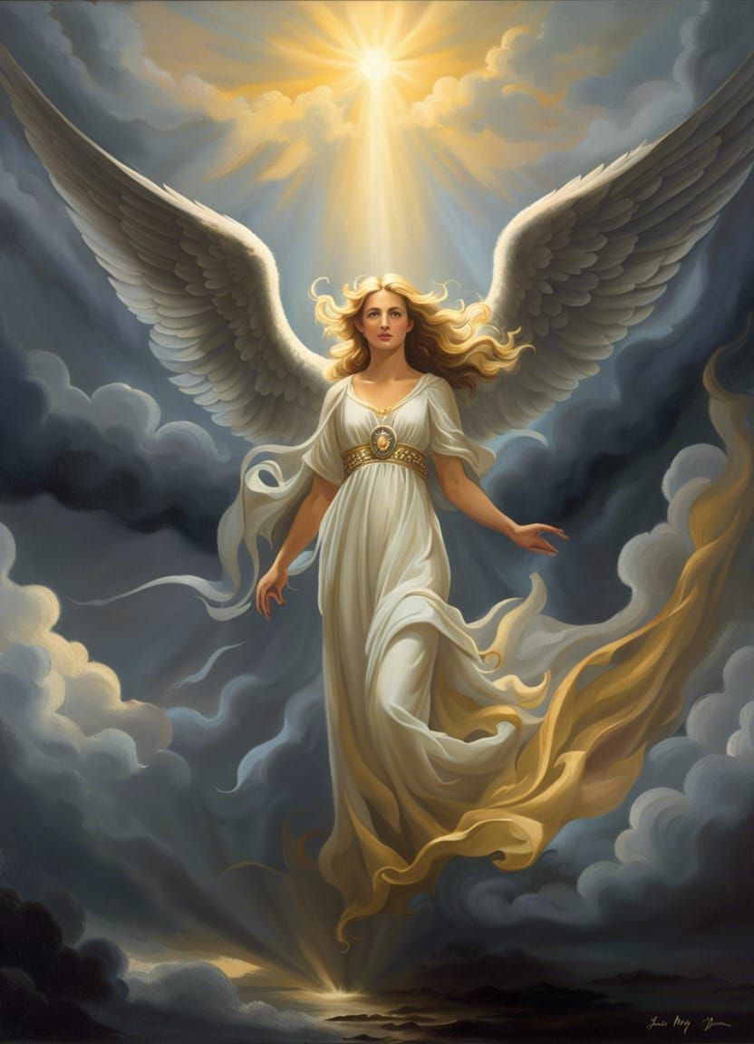 Radiant Angel in Stormy Sky: A Guiding Light
