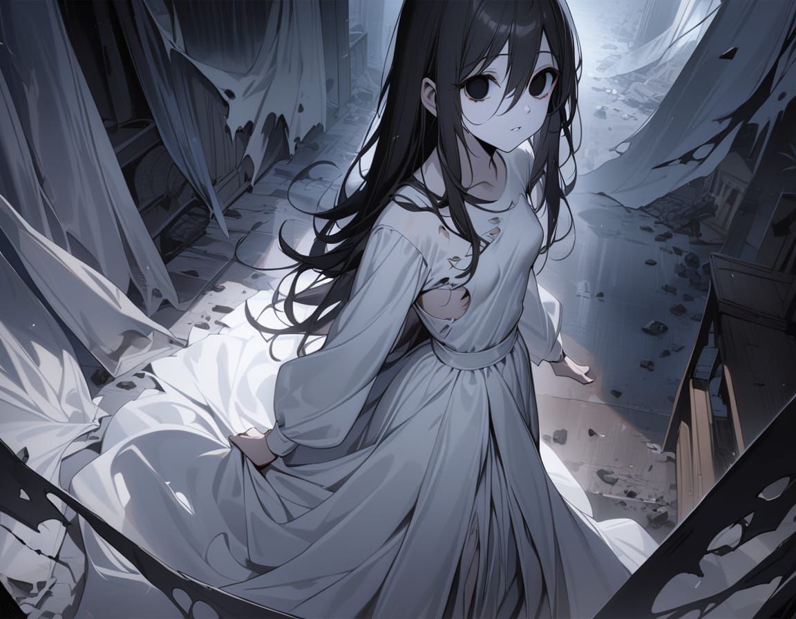 Eerie Ghostly Girl in Torn Gown