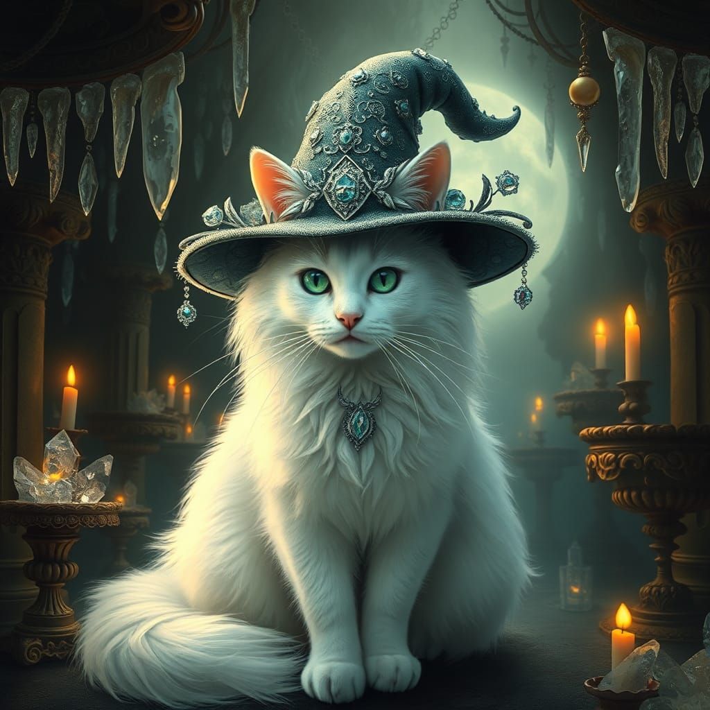 Mystical White Cat in Crystal Cave