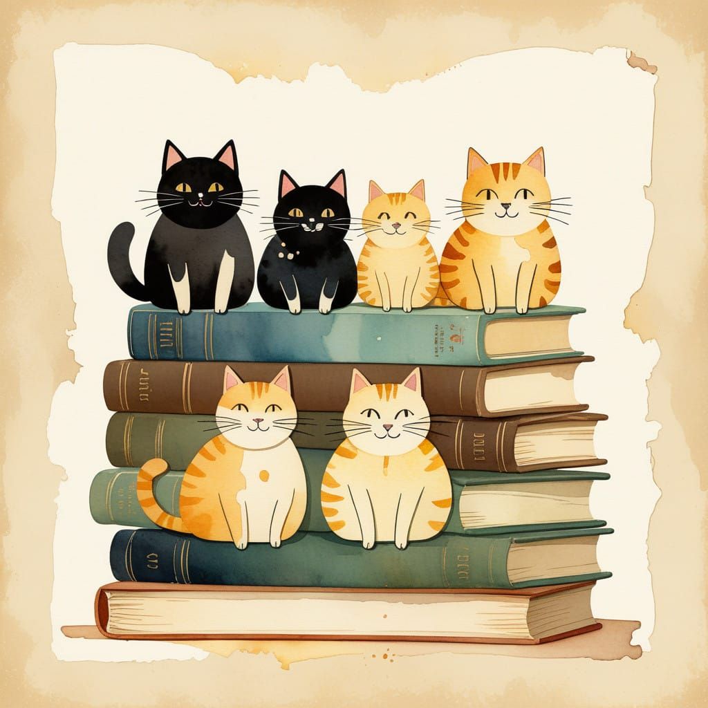 Minimalist Watercolor Cats on Distressed Paper