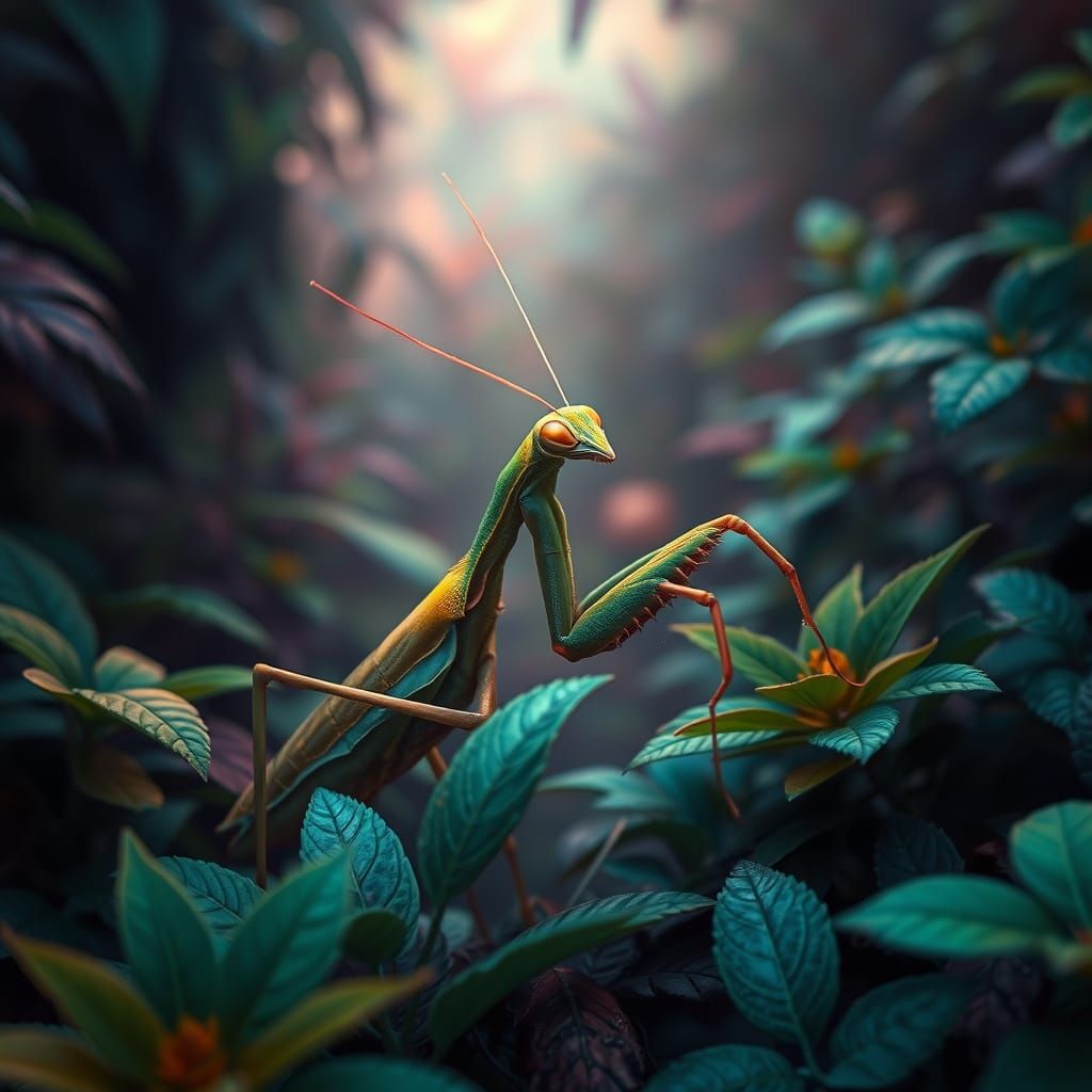 Mystical Praying Mantis in Hyper-Realistic Matte Painting
