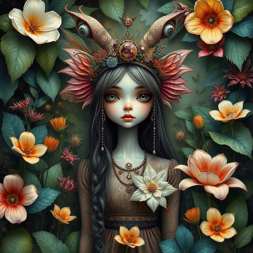 Enchanted Botanical Visitor in a Whimsical Garden