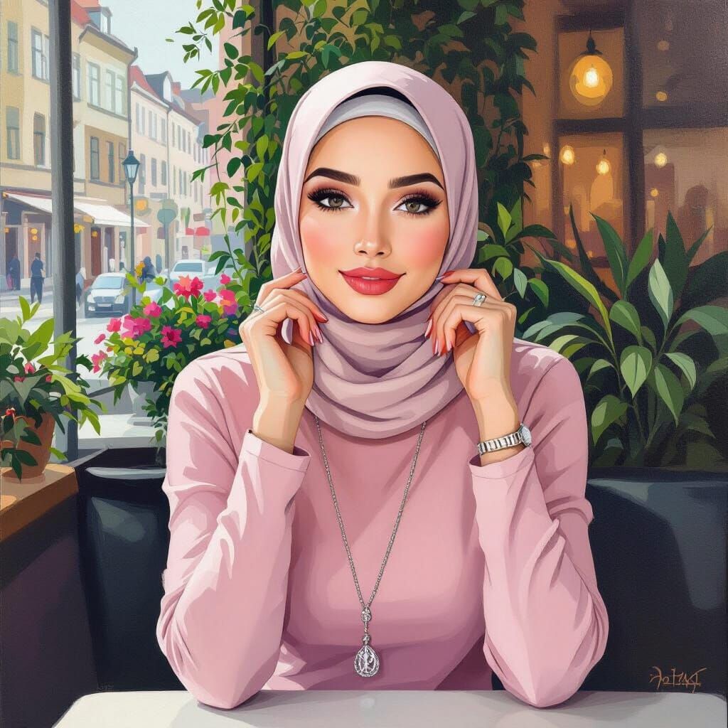 Minimalist Oil Painting Of Elegant Hijabi Woman