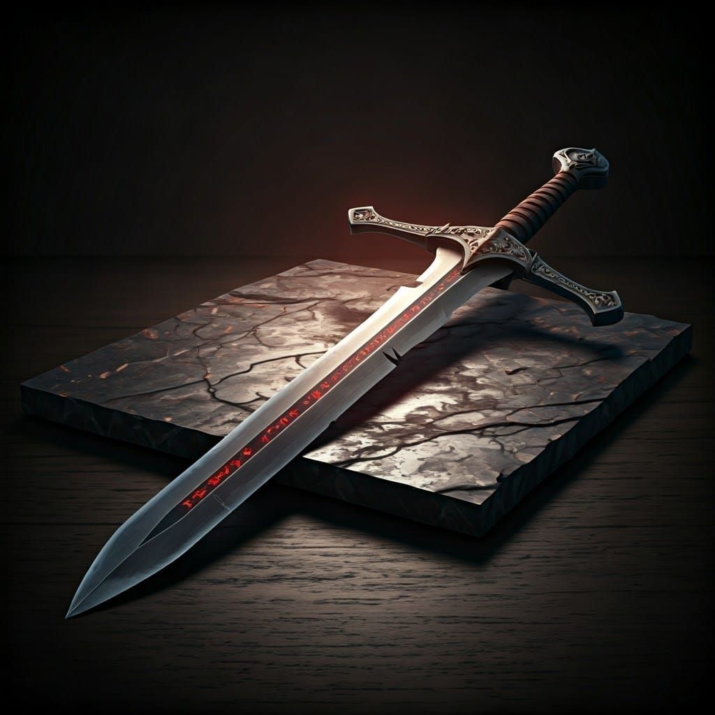 Epic Ancient Sword with Glowing Red Runes on Dark Marble