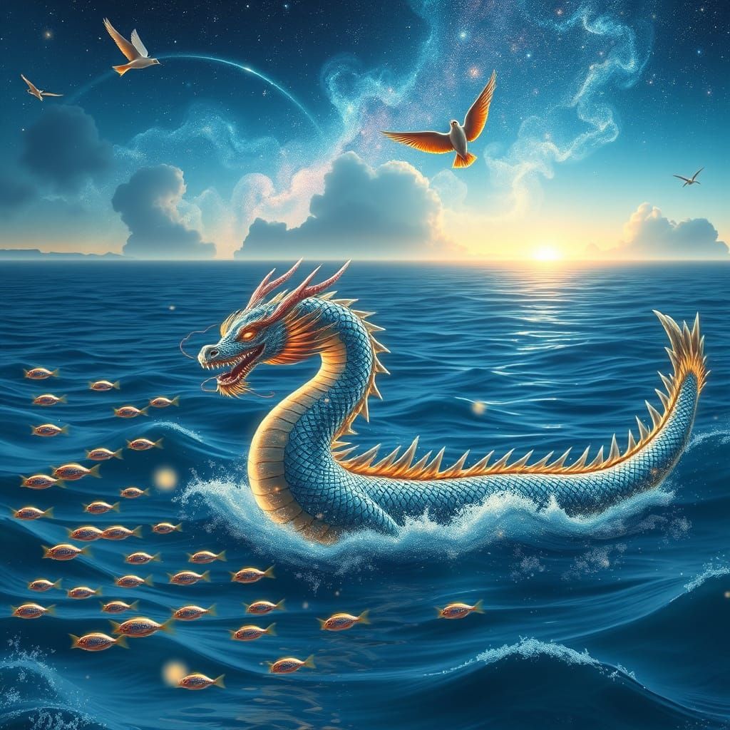Dreamlike Sea and Sky Realm with Majestic Dragon and Celesti...