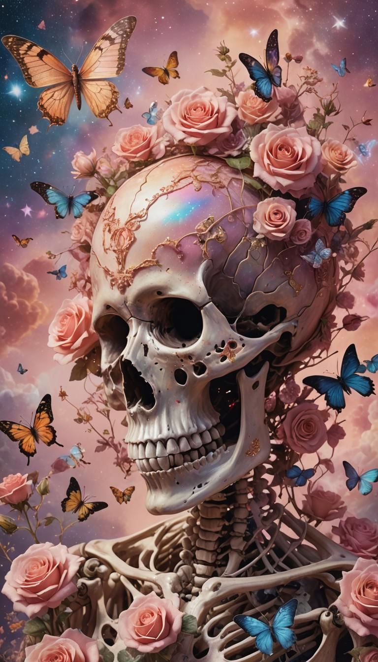 Skeleton with Butterflies in Astral Cosmic Illustration
