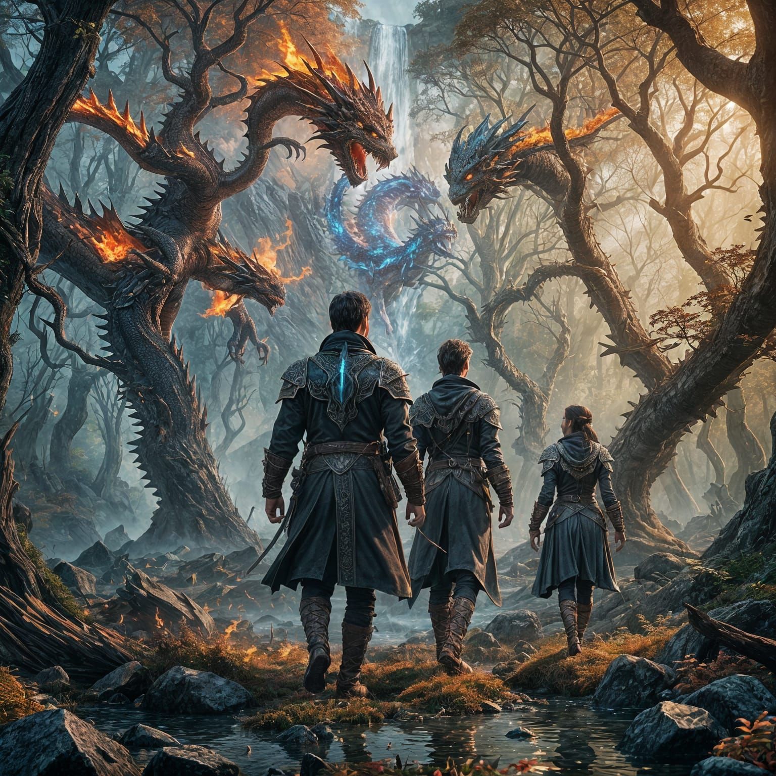 Jeweled Figures and Dragons in Fantasy Landscape