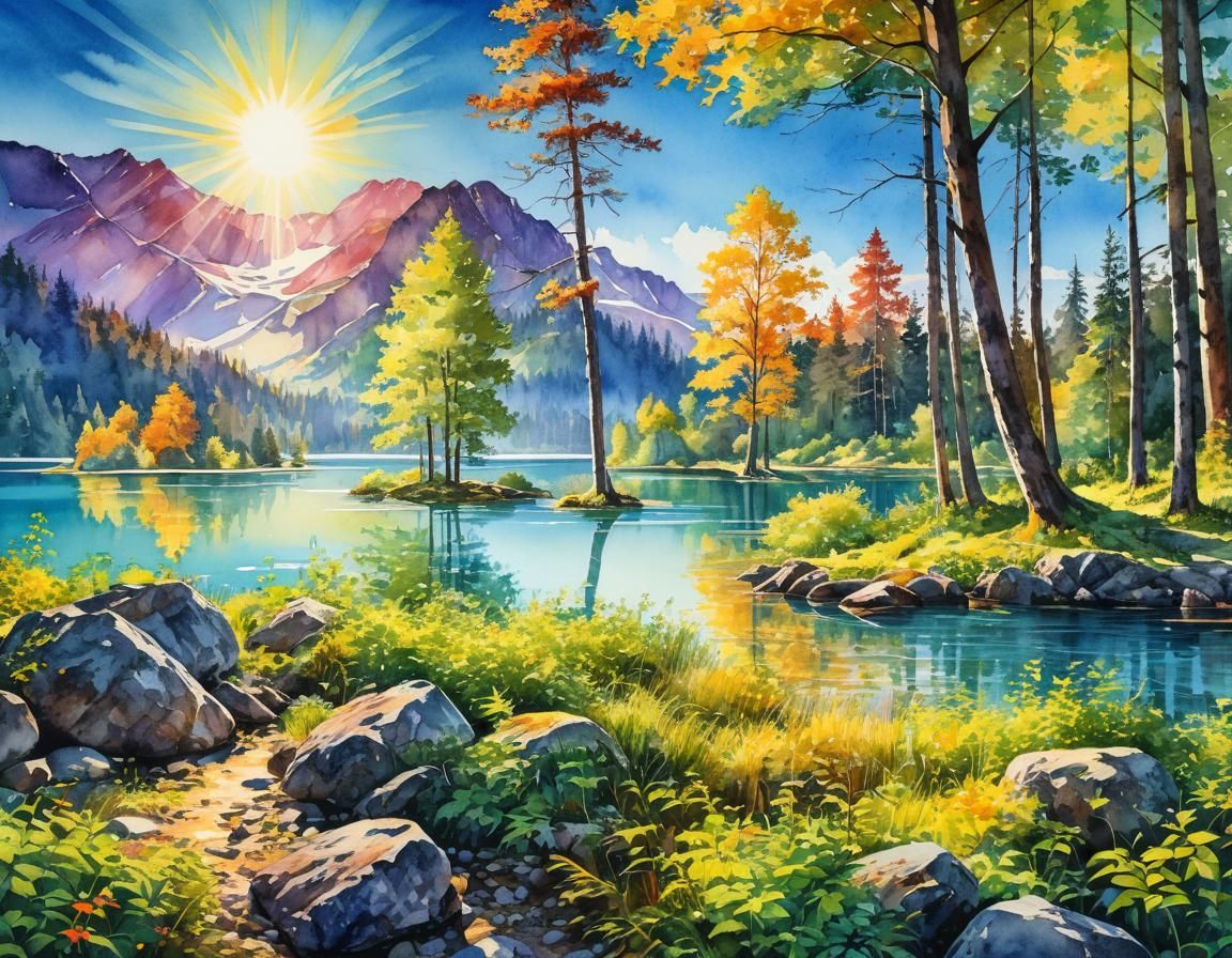 Serene Lake Landscape in Vibrant Watercolor Style