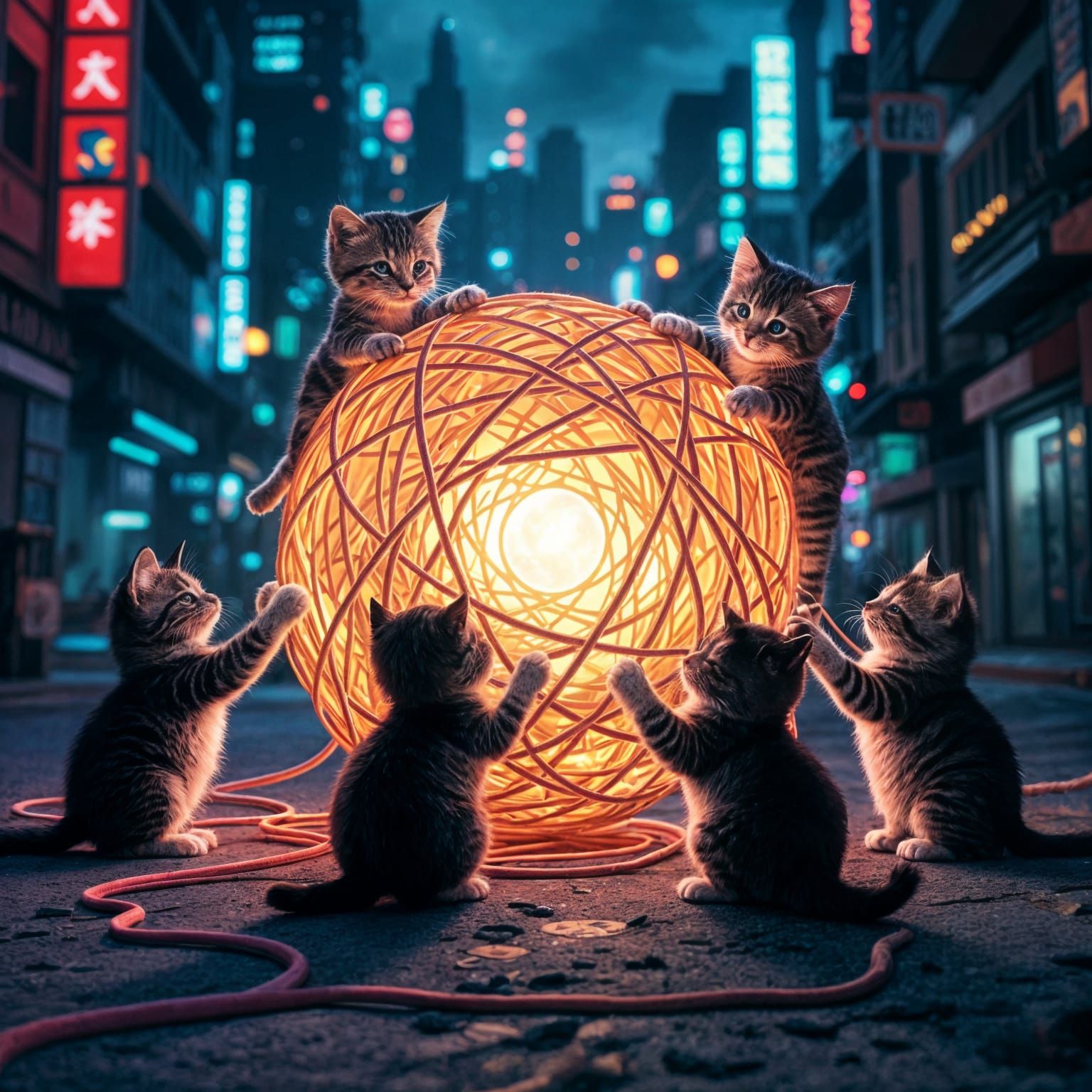 Kittens Play with Giant Yarn Ball in Retro-Futuristic City
