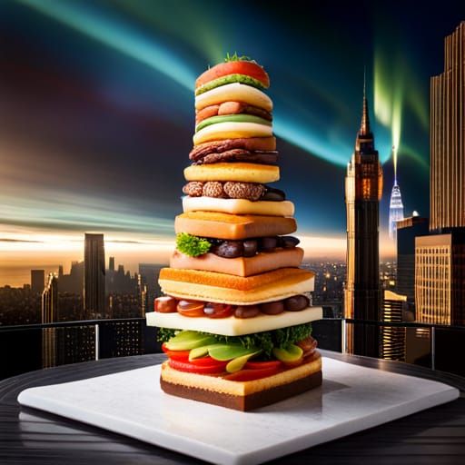 Towering Sandwich of Pizza, Kebab, and Sweets