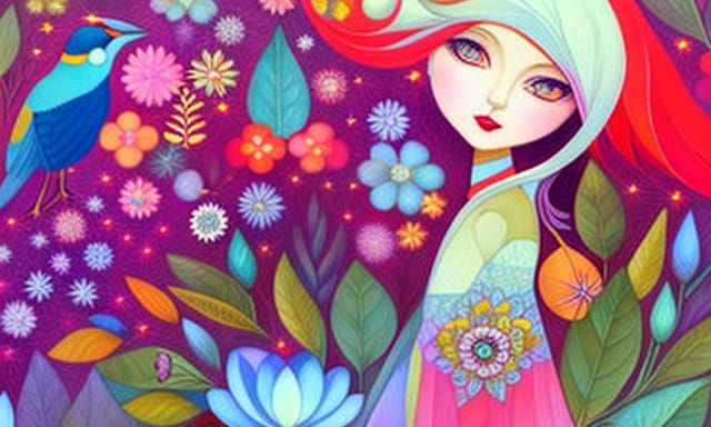 Fairytale Girl with Apples, Bird, and Flower