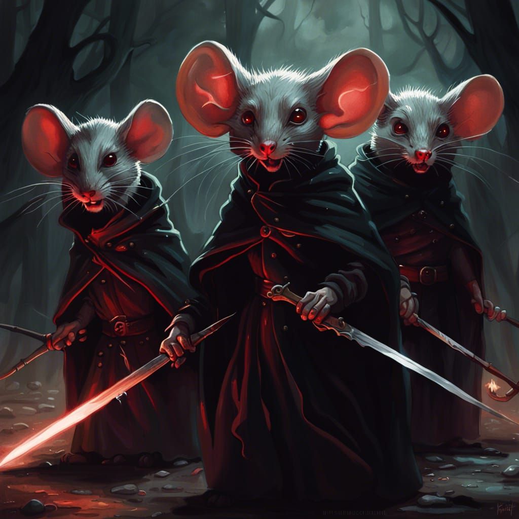 Ominous Surrealist Mice Slice Air with Swords