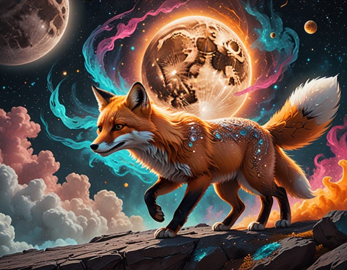 Giant Fox Runs Earth to Moon in Dreamlike Digital Painting