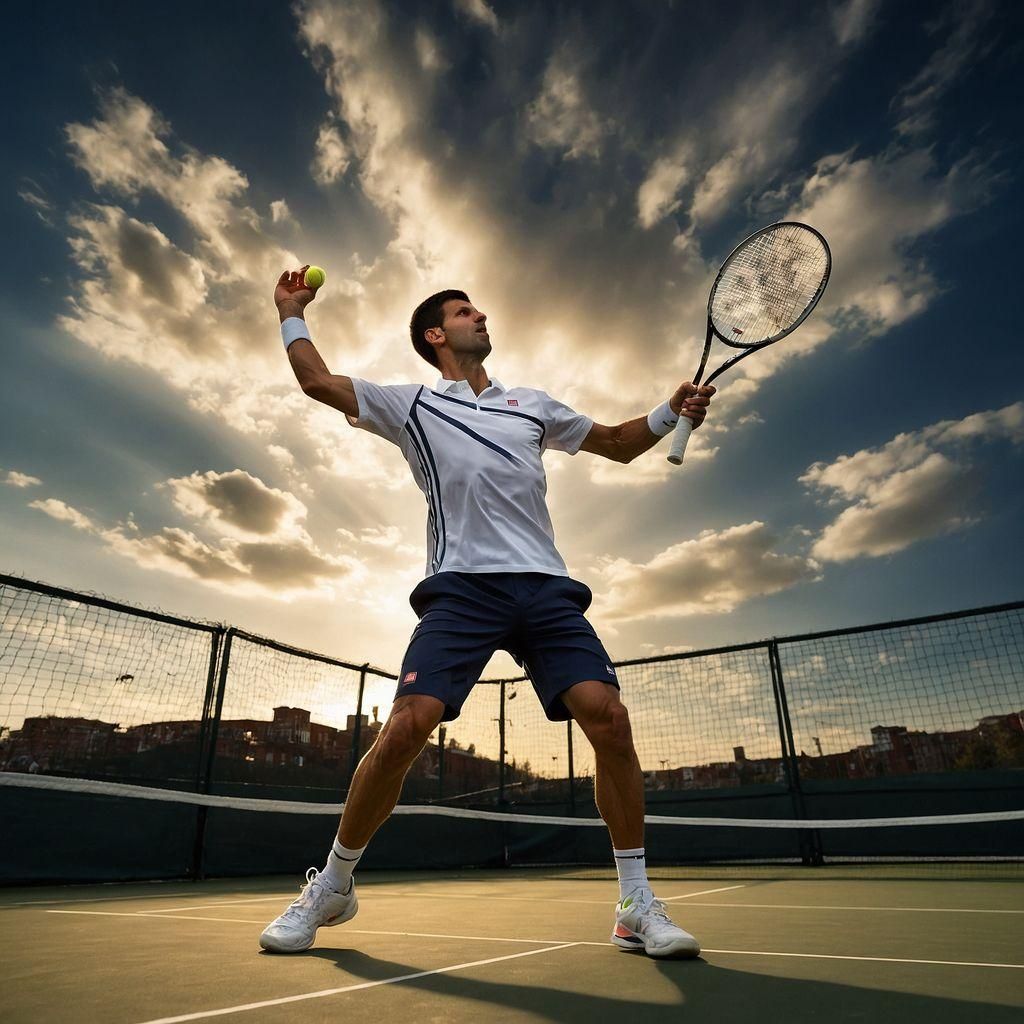Novak_Djokovic is in the twilight of his career with his racket in his hand jumping for a shot on a tennis court, golden...
