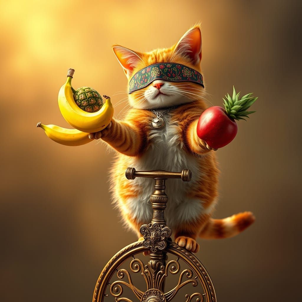 Whimsical Cat Masterfully Balances on Unicycle in Vibrant Fa...