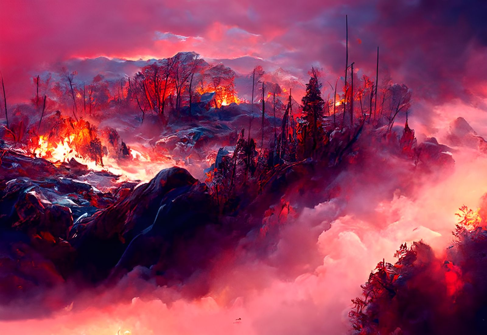 Epic Forest Fire Landscape by Bierstadt and Klimt