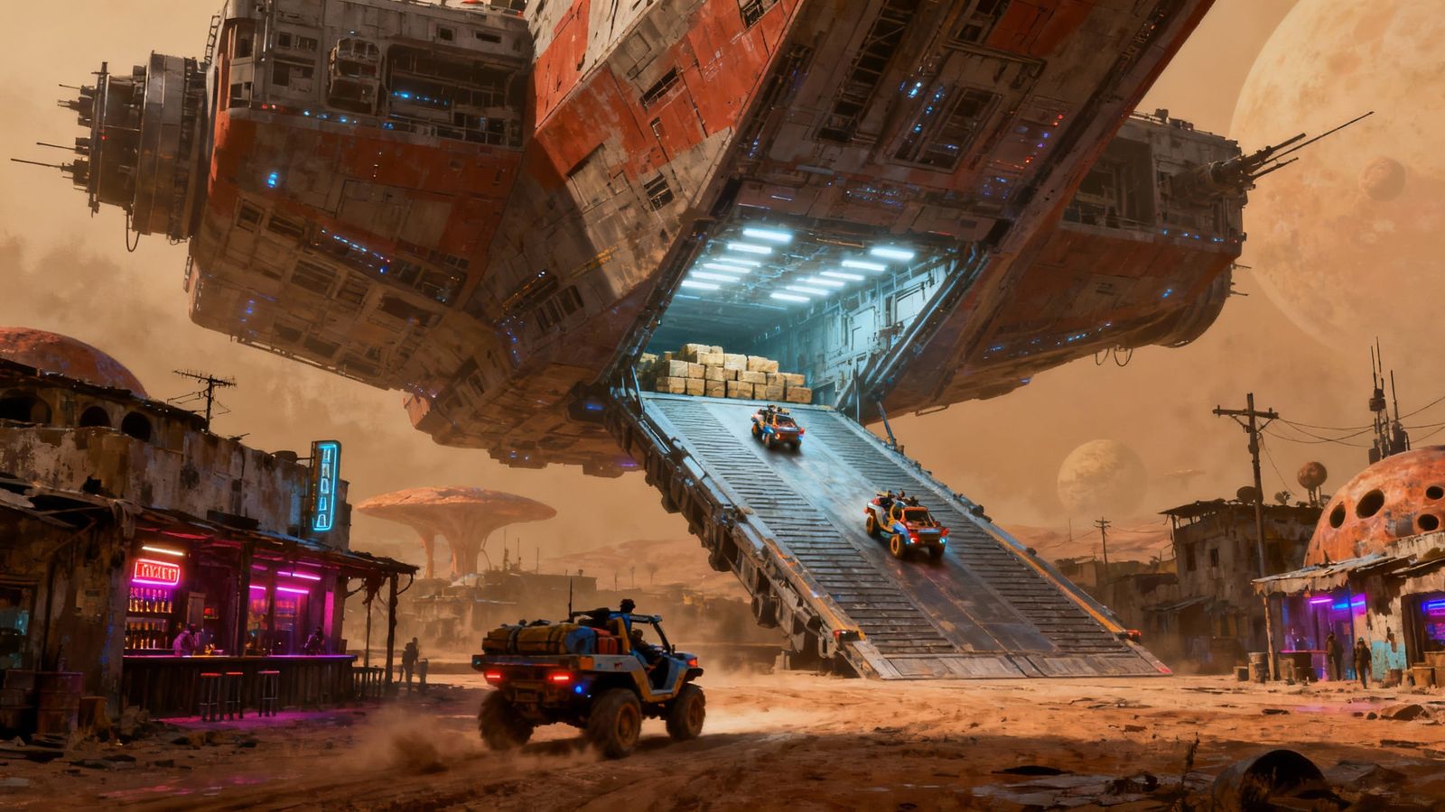 Retro-Futuristic Cargo Ship Delivers Supplies to Alien Town