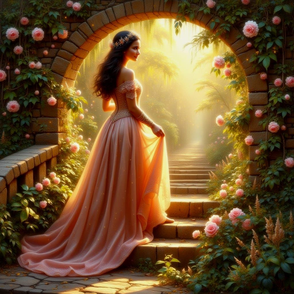 Fairytale Princess Ascends Stone Steps in Golden Light