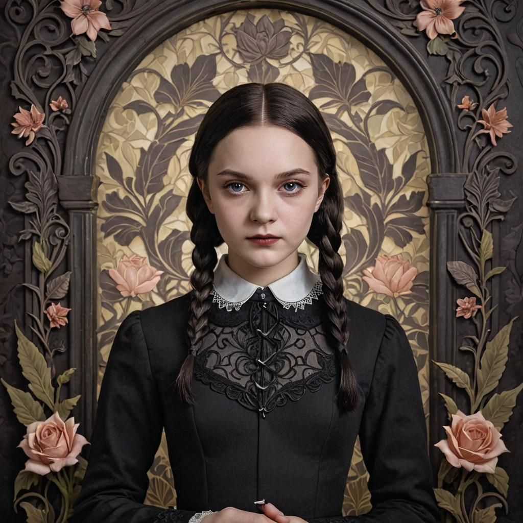 Wednesday Addams: Art Nouveau Portrait of Enigmatic Elegance