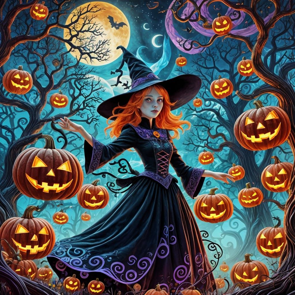 Psychedelic Witch in Halloween Night Scene