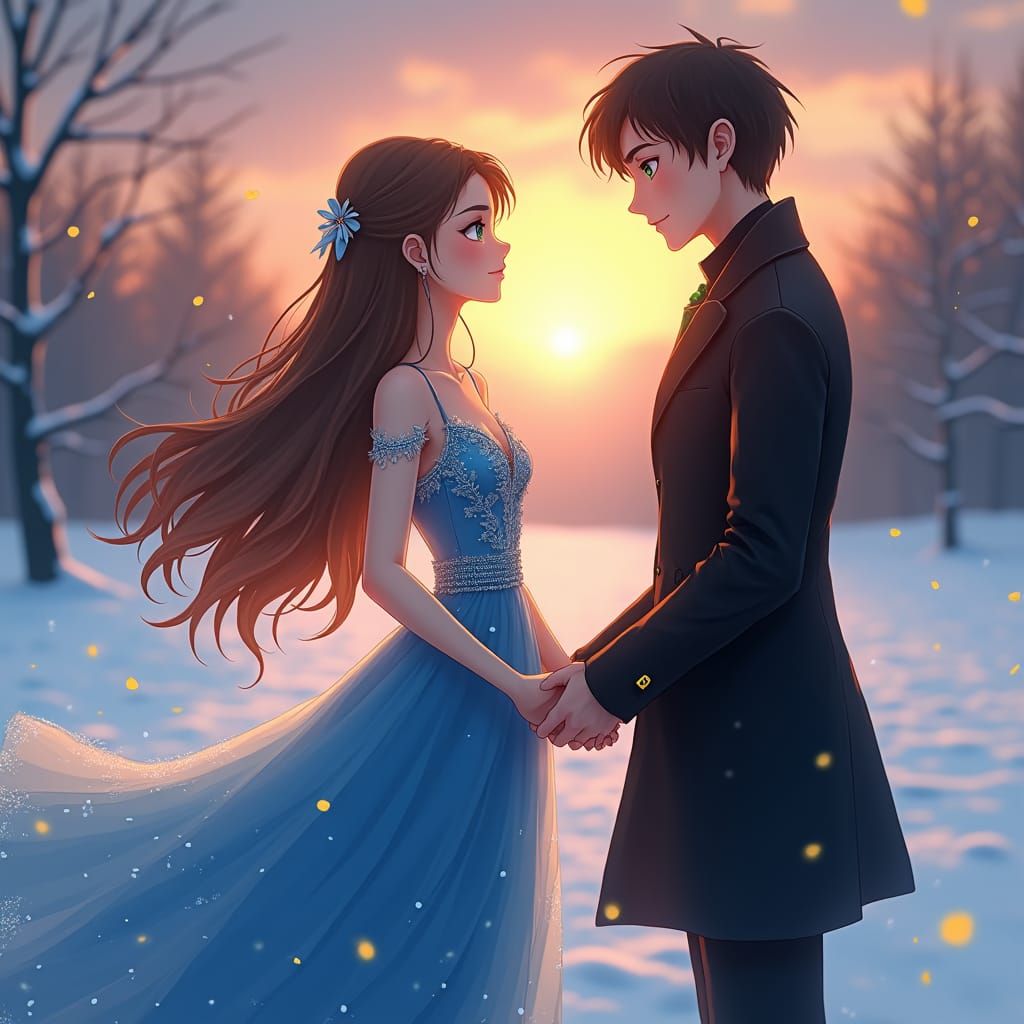 Anime Couple in Snowy Sunset with Fireflies