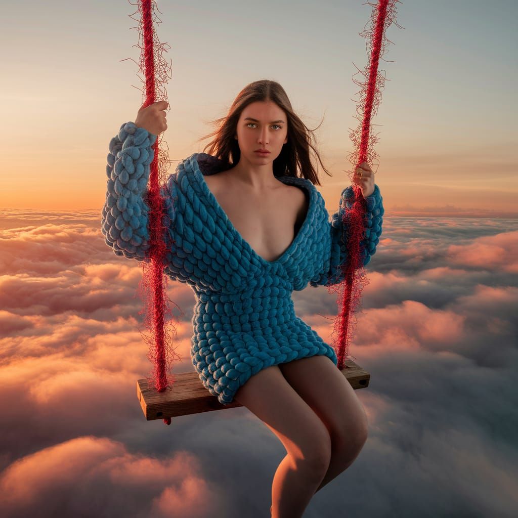 Woman on Swing Above Clouds in Blue Hoodie, Surreal Style