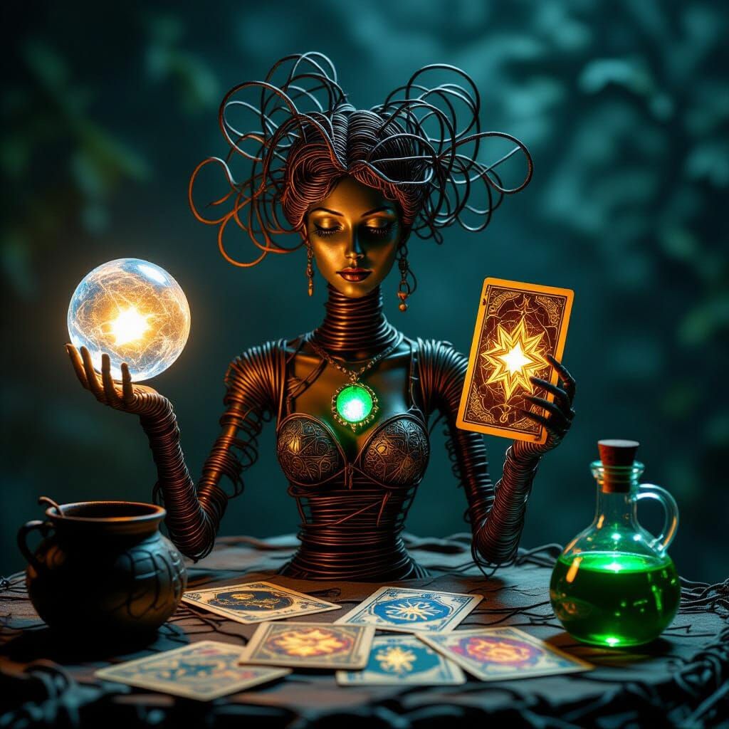 Wire Fortune Teller Sculpture in Dark Mystical Style