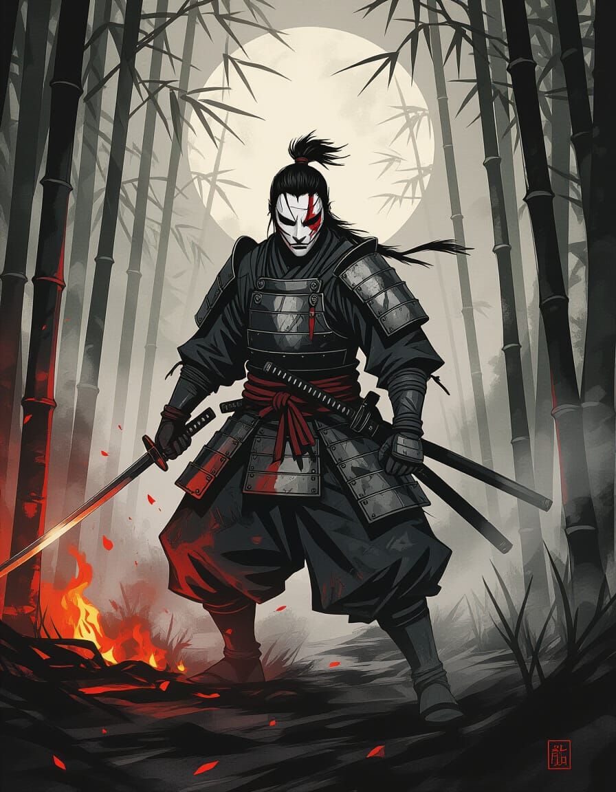 Menacing Samurai in Scorched Forest: Digital Ink Wash