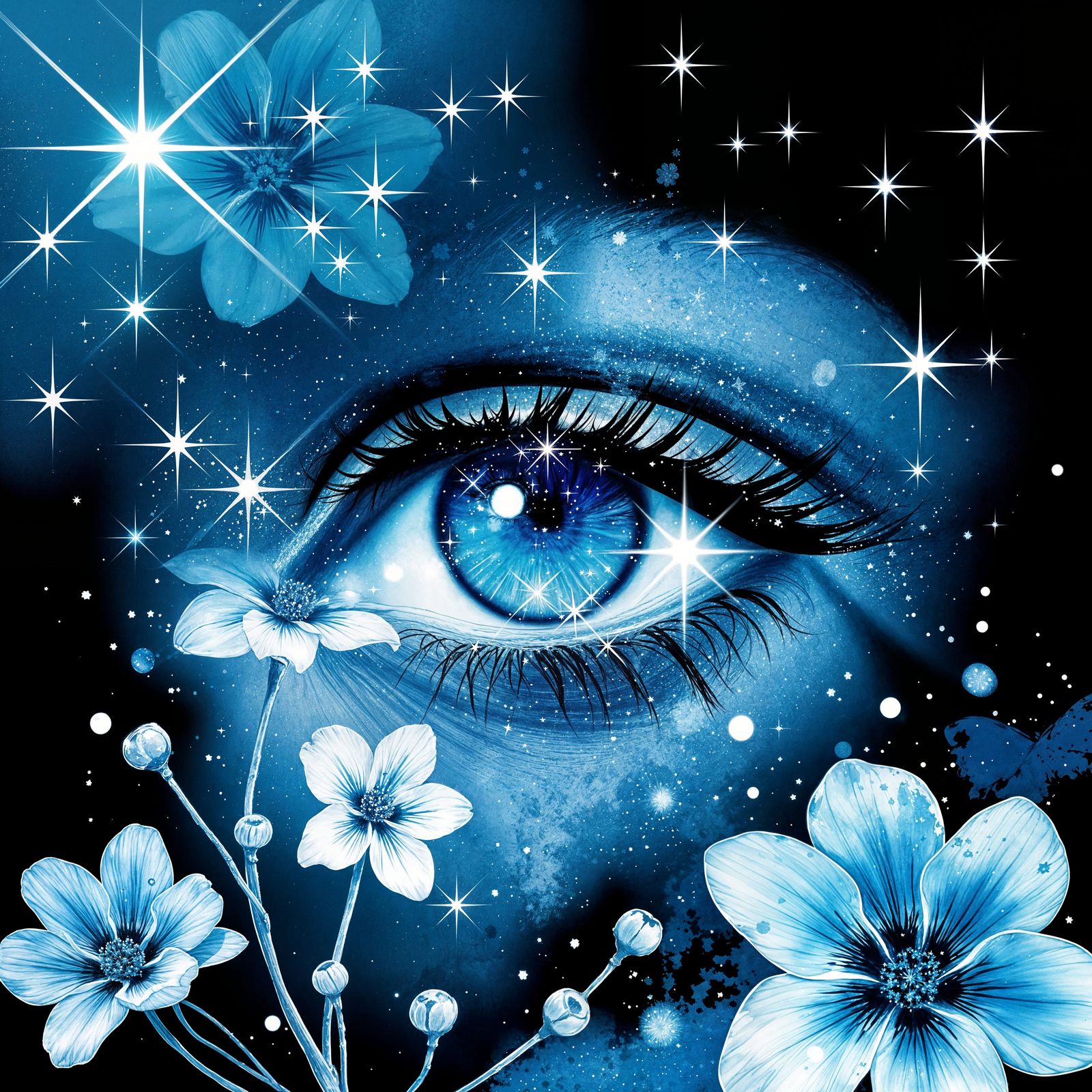 Blue Eye Surrounded by Stars in Watercolor Style