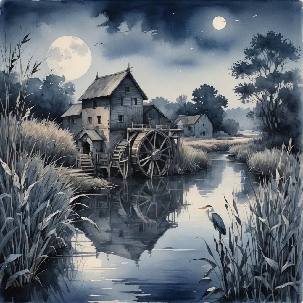 Monochrome Blue Watercolor: Watermill at Moonlight