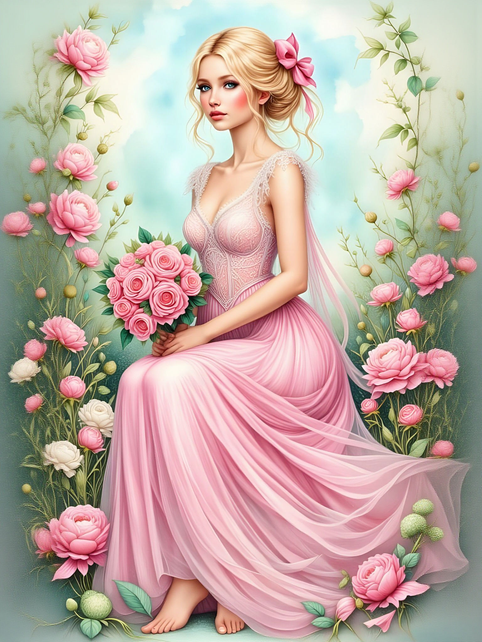 Watercolor of Woman with Roses in Summer Meadow