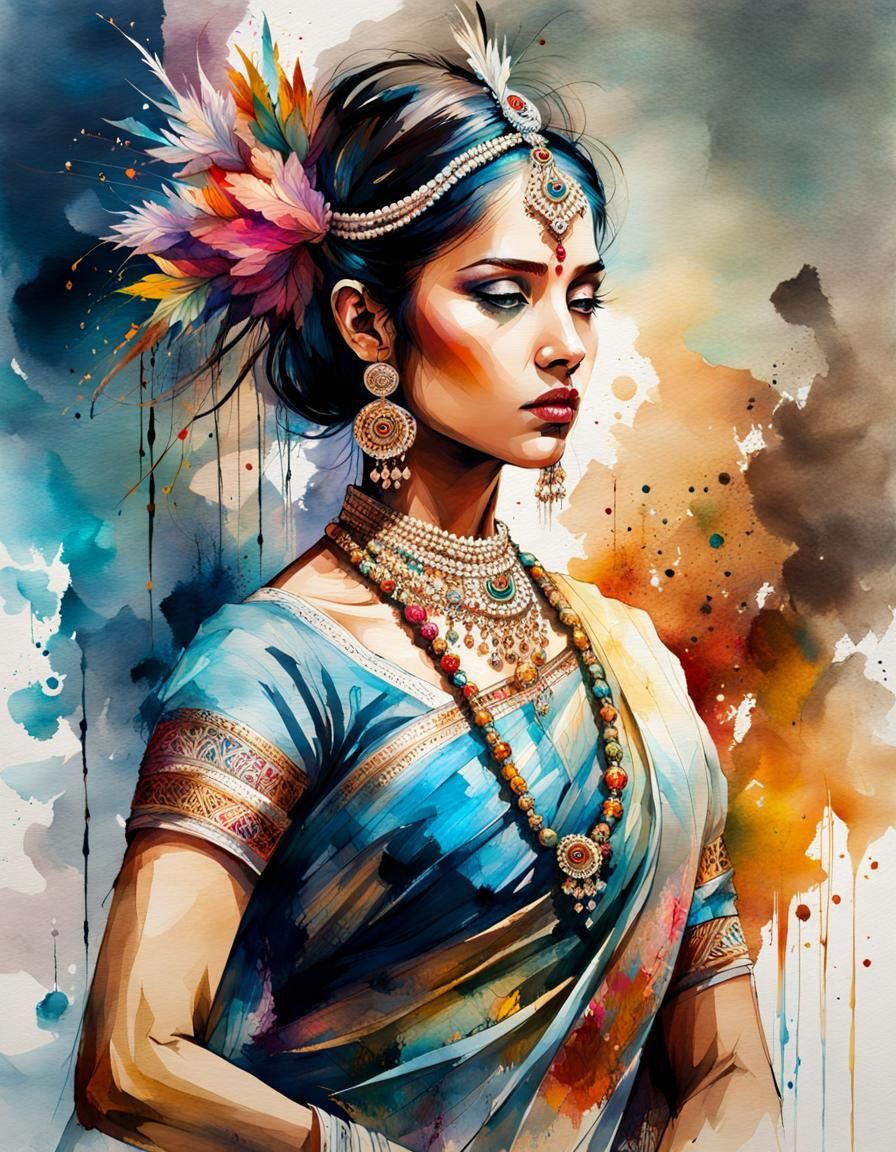 Classical Indian Dancer in Stylized Watercolor