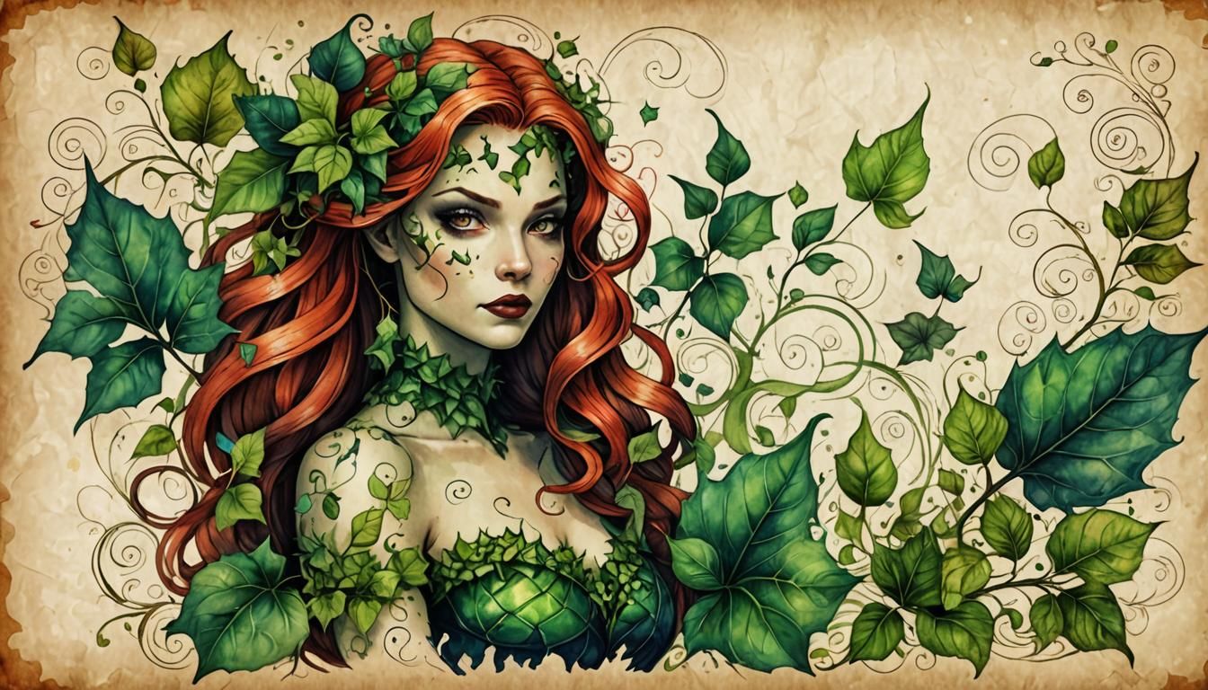 Vintage Watercolor Drawing of Poison Ivy on Parchment