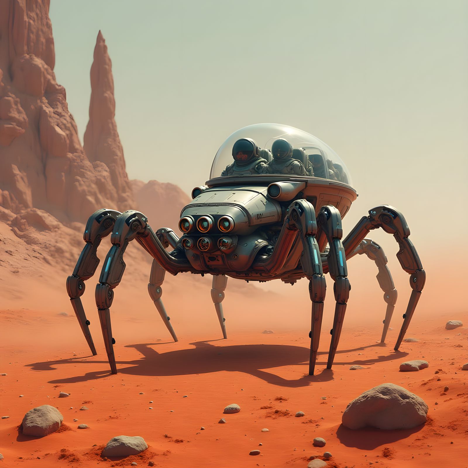 Cyberpunk Spider Explorer in Alien Landscape