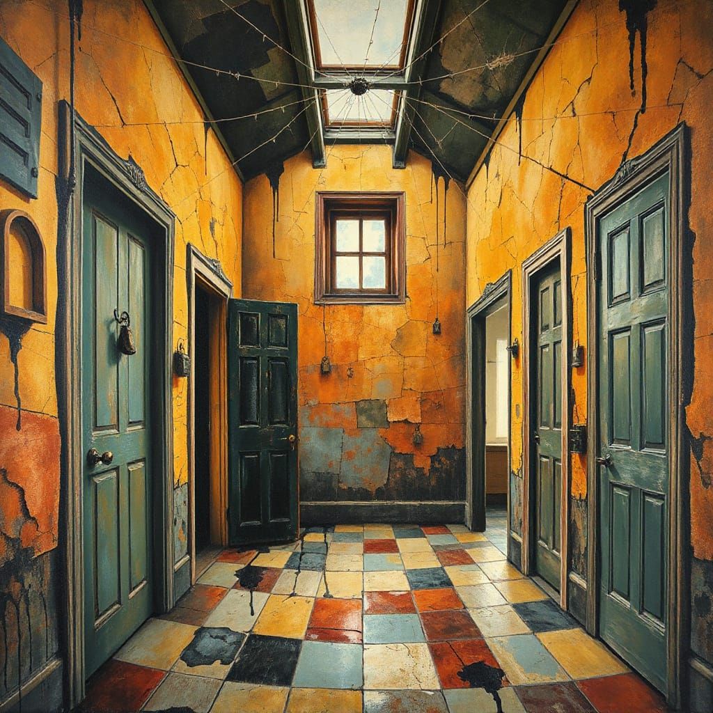 Intensely Cracked Abstract Room with Intricate Doors and Con...