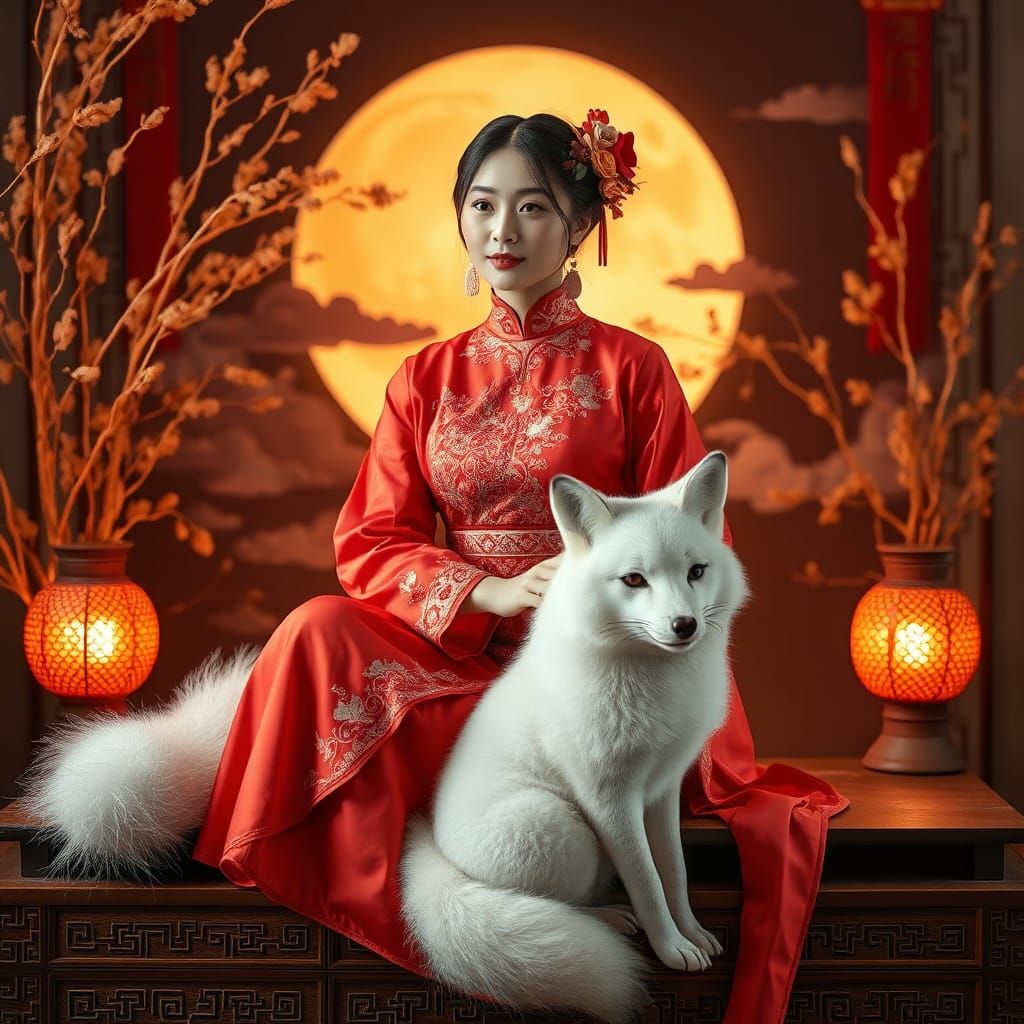Elegant Woman in Ancient Chinese Costume with White Fox