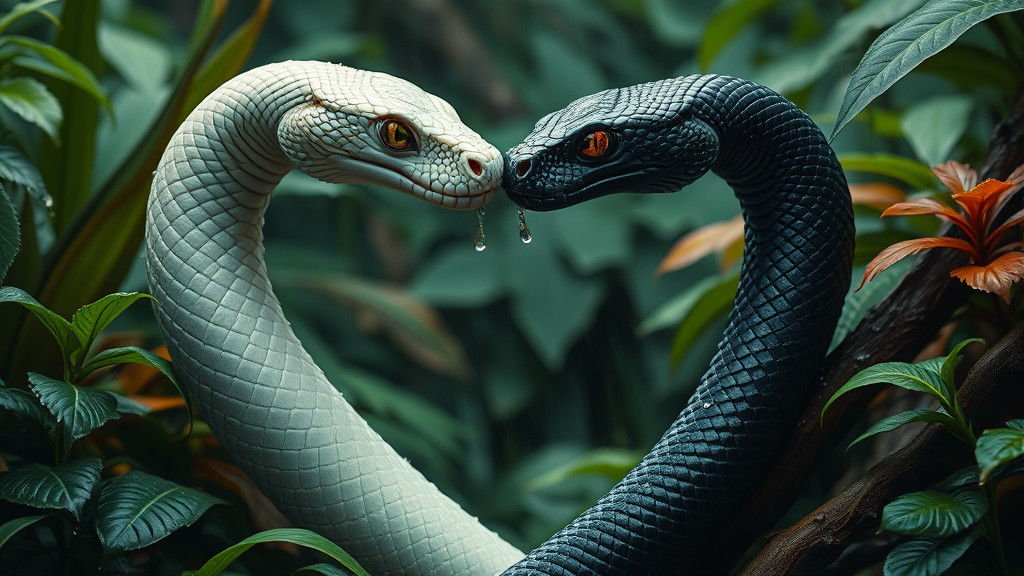 Entwined Serpents in Rainforest, Hyperrealistic Style