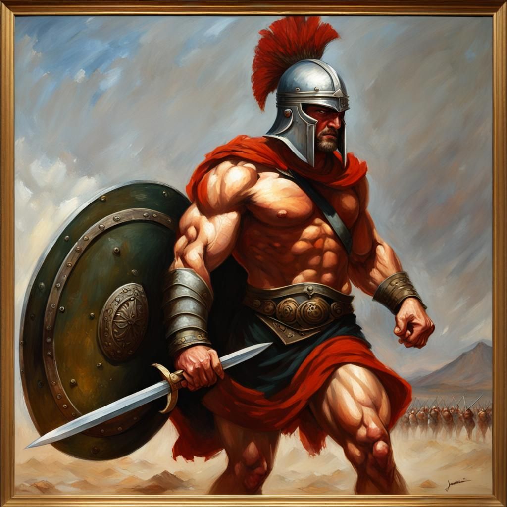 Muscular Spartan Warrior in Epic Battle Scene