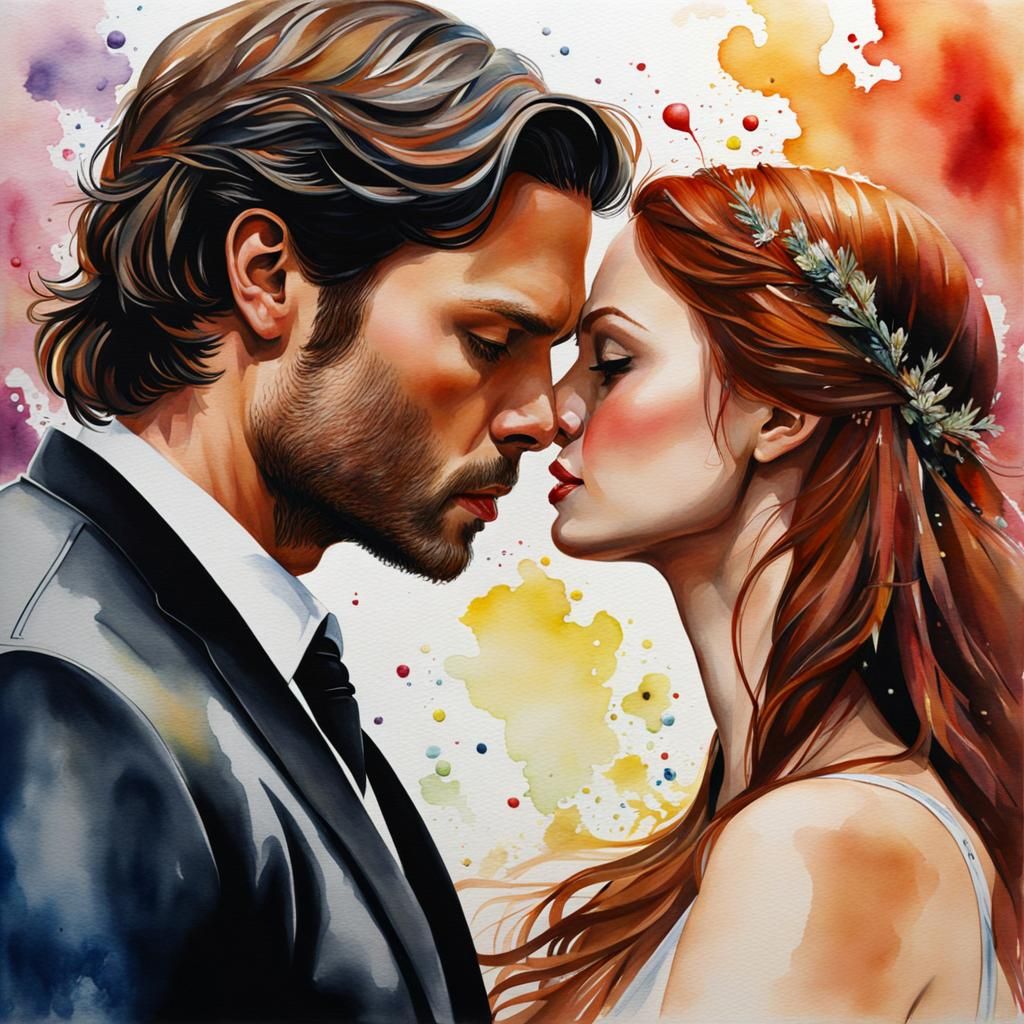 Watercolor Splash Art of Kissing Couple