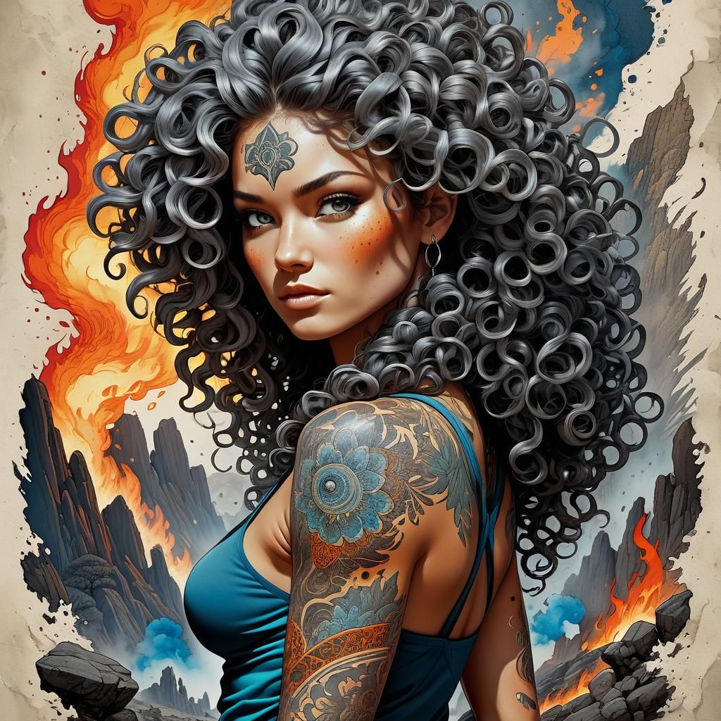 Fiery Haired Woman in Prehistoric Comic Style