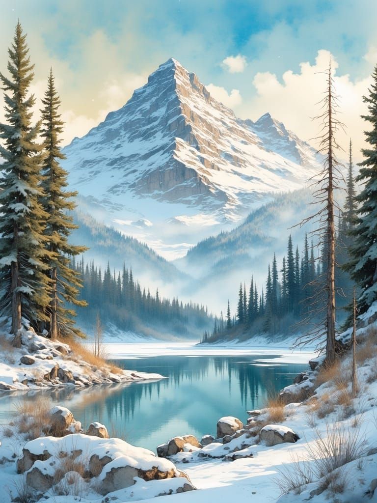 Winter Mountain Landscape with Frozen Lakes and Evergreen Tr...