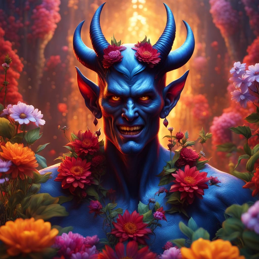 Surprised Devil in a Colorful Flower Garden