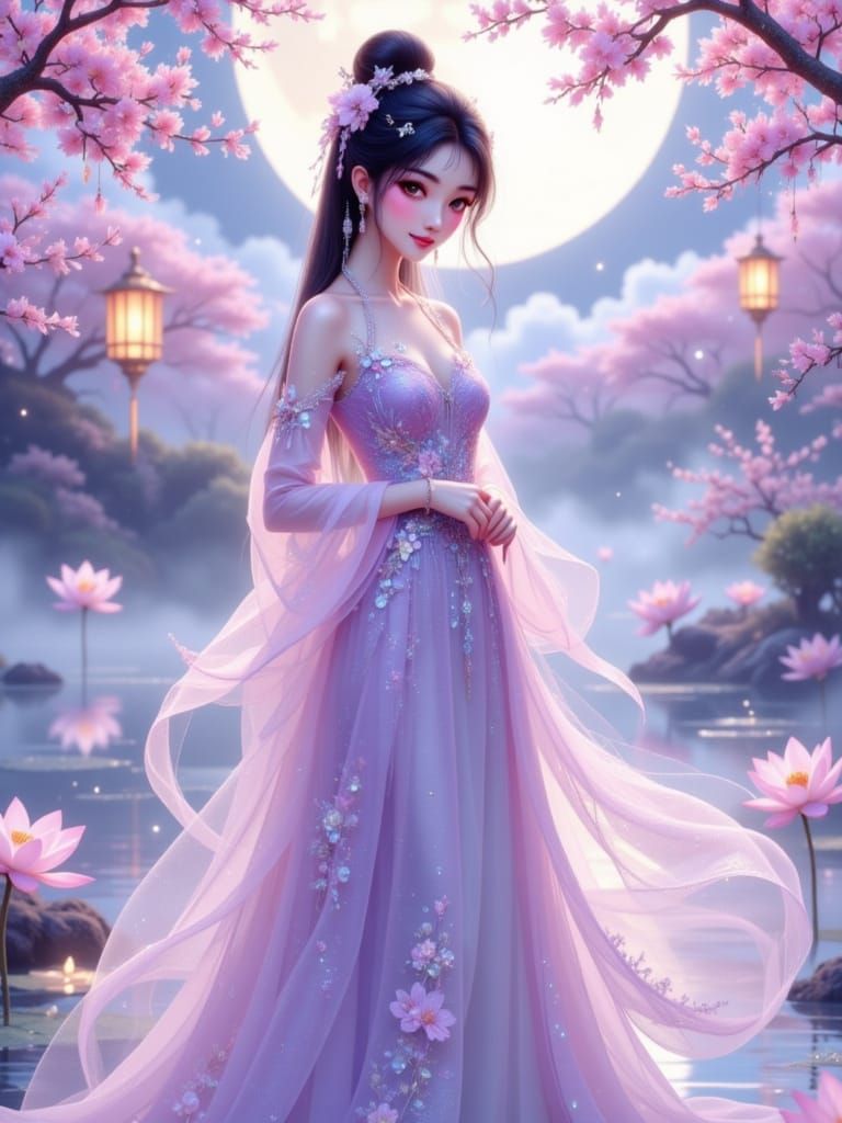Elegant Woman in Donghua Style by Lotus Pond