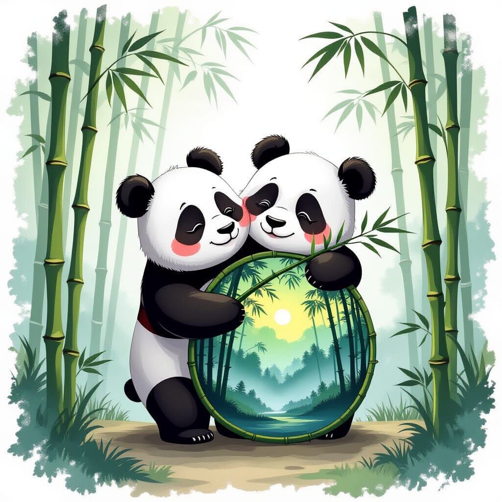 Chibi Panda Double Exposure with Misty Forest Inside, Painte...