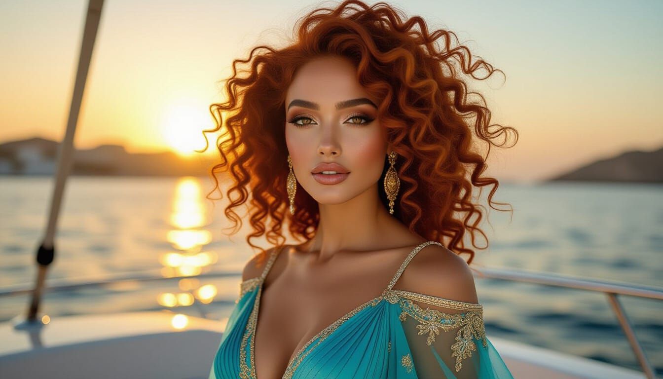 Arab Woman on Yacht at Golden Hour, Art Nouveau Style